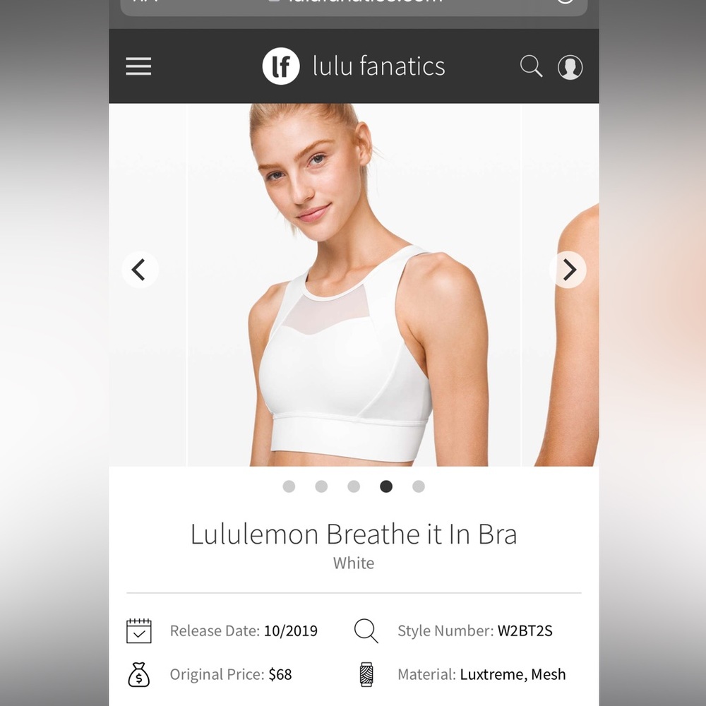 Lululemon size 2 breathe it in white bra. Good used condition.